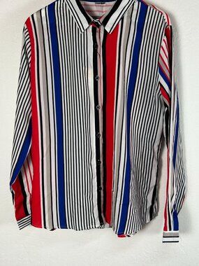 Match Women's Bold Multi-Color Striped Button Down Shirt Long Sleeve Large New